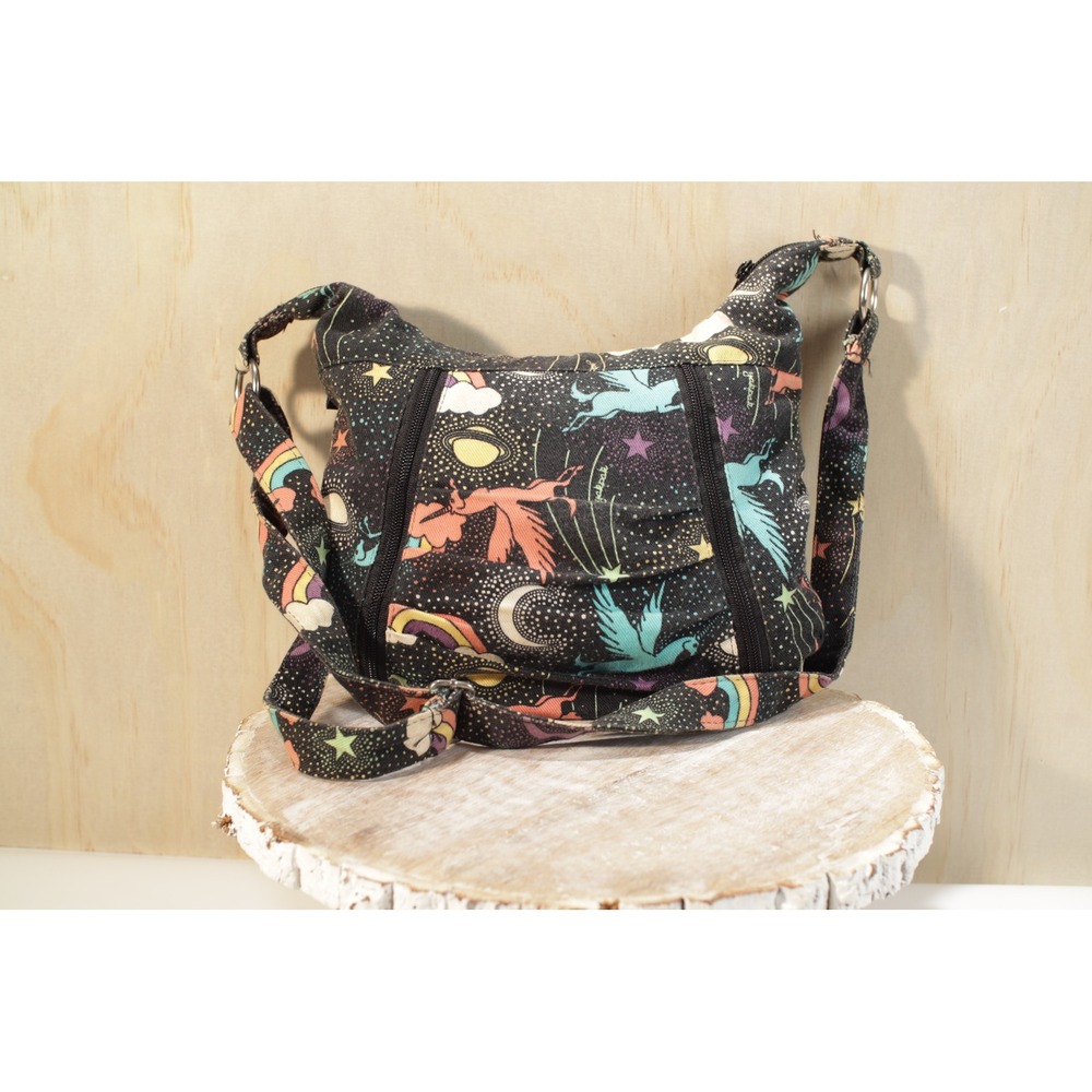 Yak Pak Pegasus Rainbow Celestial Canvas Crossbody Hobo Bag Black Starry Sky